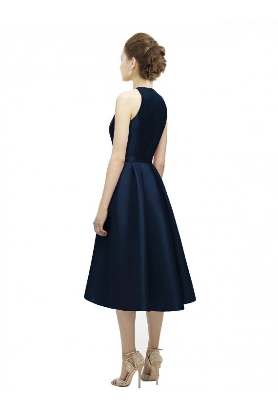 Affordable Halter Neck Short Tea Length Sleeveless Satin Bridesmaid Dress
