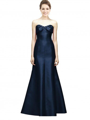 Affordable Long Strapless Satin Bridesmaid Dress with Pleated Cuff Neckline