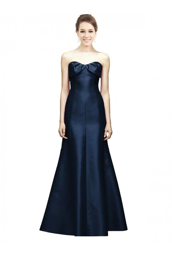 Affordable Long Strapless Satin Bridesmaid Dress with Pleated Cuff Neckline
