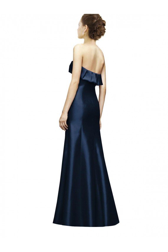 Affordable Long Strapless Satin Bridesmaid Dress with Pleated Cuff Neckline