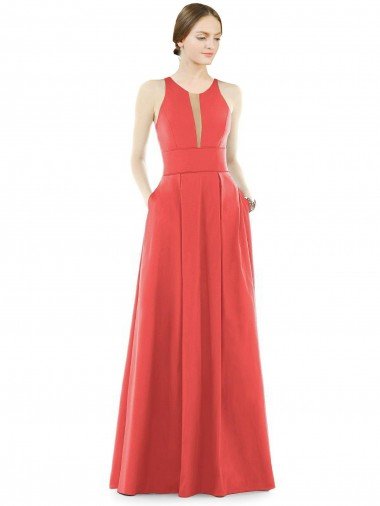 Affordable Sheer V-Neck Tulle Illusion Long Satin Bridesmaid Dress