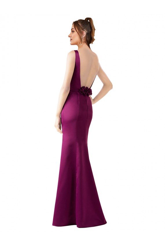 Affordable Fitted Sexy Open Back Formal Satin Bridesmaids Dress with Floral Details