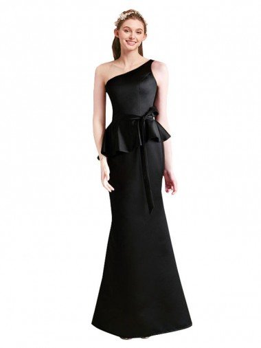 Affordable Long One Shoulder Satin Bridesmaid Dress with Bow Ties