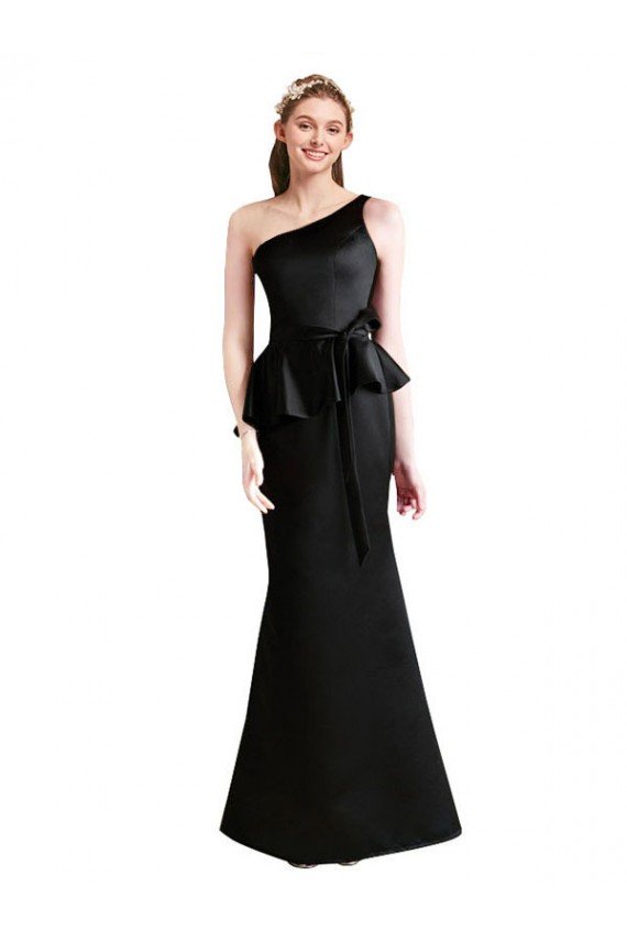 Affordable Long One Shoulder Satin Bridesmaid Dress with Bow Ties