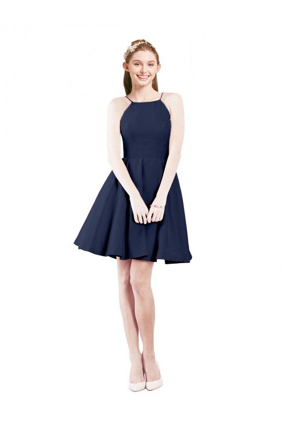 Affordable Halter Neck Short Knee Length Satin Cocktail Bridesmaid Dress