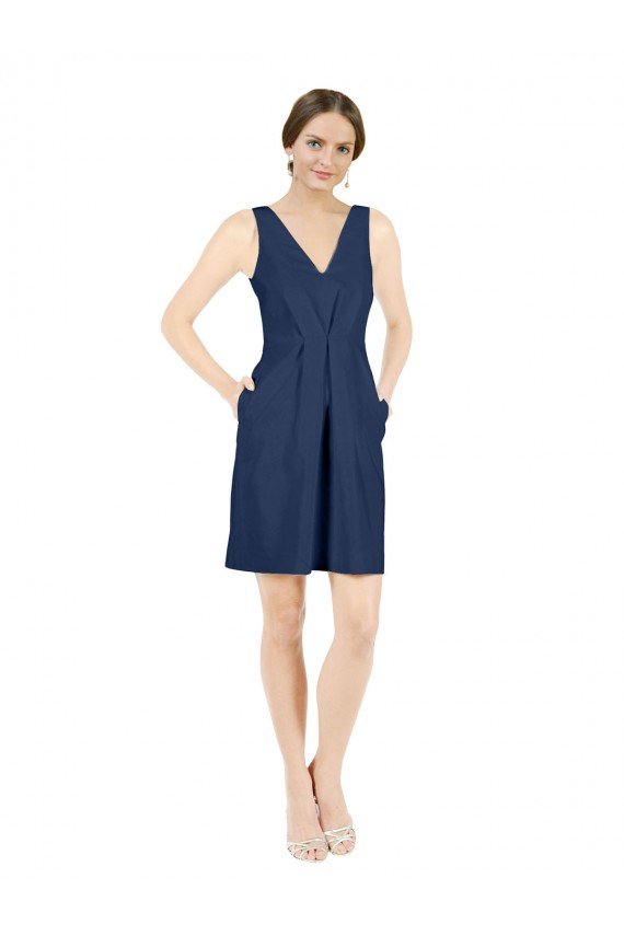 Affordable Deep V-Neck Short Knee Length Satin Cocktail Bridesmaid Dress with Slimming Pleats
