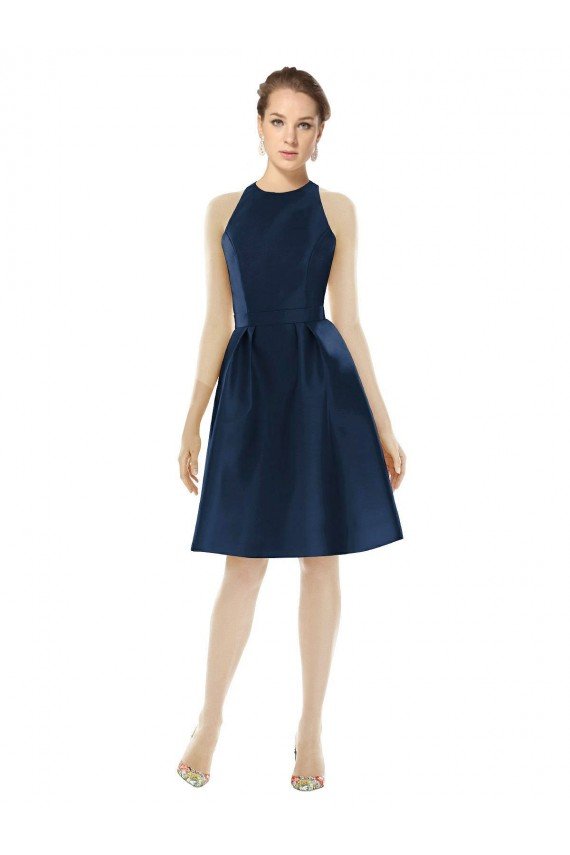 Affordable Short Halter Cocktail Length Luxe Satin Cocktail Bridesmaid Dress