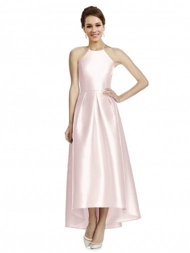 Affordable Long High-Low Halter Satin Bridesmaid Dress with Criss-Cross Back