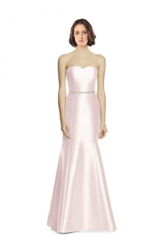 Affordable Long Sweetheart Satin Bridesmaid Dress with Slim Beaded Sash