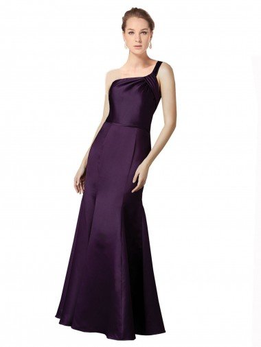 Affordable Long Ruched Neckline One Shoulder Satin Bridesmaid Dress / Prom Dress