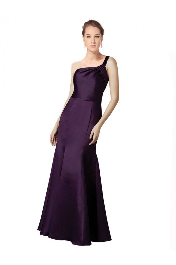 Affordable Long Ruched Neckline One Shoulder Satin Bridesmaid Dress / Prom Dress