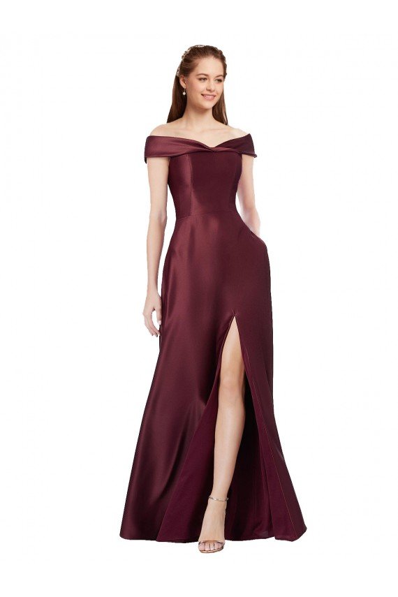 Affordable Long Off the Shoulder Formal Satin Bridesmaid Dress / Prom Dress with Thigh-high Slit
