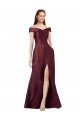 Affordable Long Off the Shoulder Formal Satin Bridesmaid Dress / Prom Dress with Thigh-high Slit
