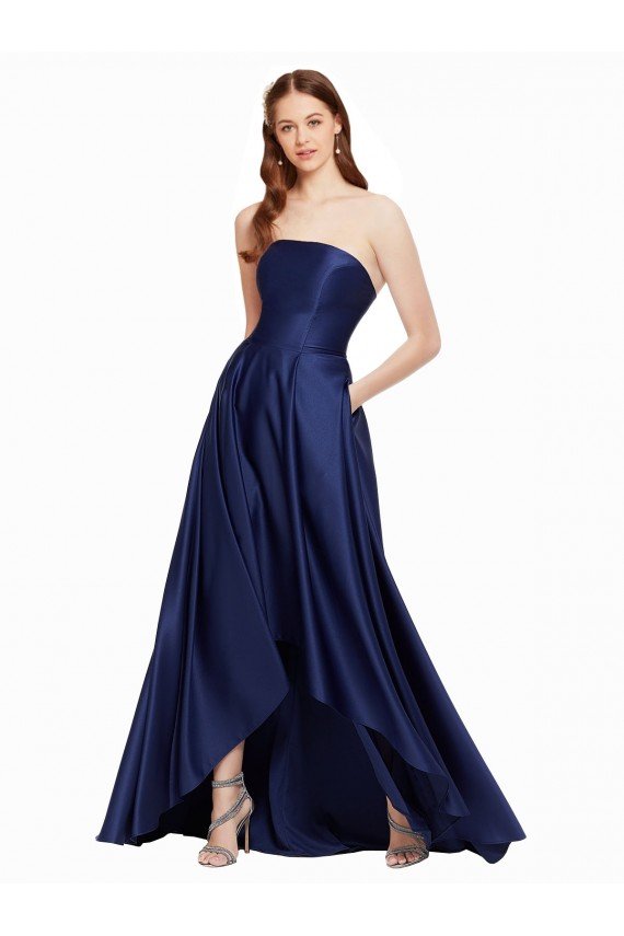 Affordable High Low Strapless Formal Satin Bridesmaid Dress / Prom Dress with Pockets