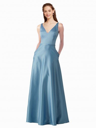 Affordable Classic Satin V-Neck A-Line Bridesmaids Dress with Pockets
