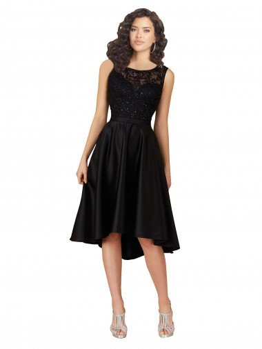 Affordable Short High Low Satin Cocktail Bridesmaid Dress with a Beaded and Embroidered Bodice