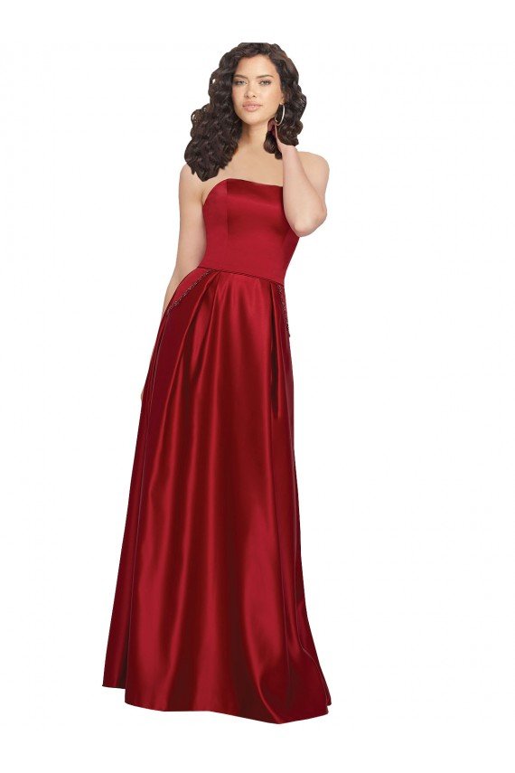 Affordable Strapless Satin Bridesmaids Dress with Beaded Pocket and Soft Pleating