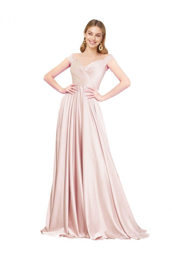 Affordable A-Line Off the Shoulder Sweetheart Formal Satin Bridesmaid Dress / Prom Dress