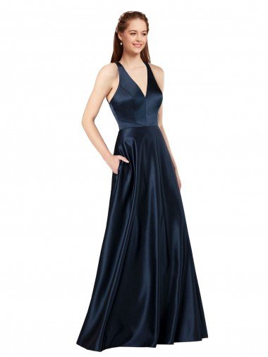Affordable Long Formal Satin Bridesmaid Gown with Halter Neckline