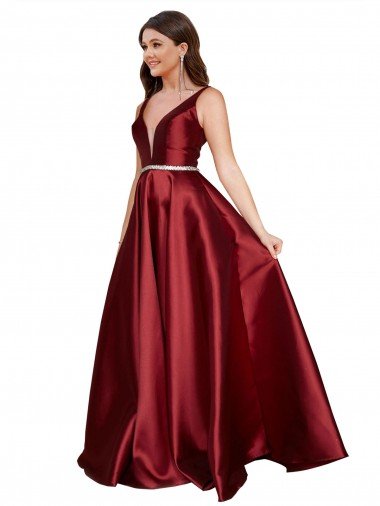 Affordable Sleeveless Deep V-Neck A-Line Formal Satin Bridesmaid Dress / Prom Dress with Pockets