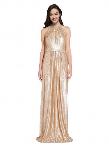 Affordable Floor Length Halter Neck Sparkling Formal Sequin Bridesmaid Dress / Prom Dress with Pleats