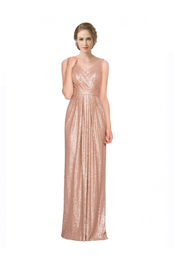 Affordable Draped V-Neck Striking Sheath Floor Length Formal Sequin Bridesmaid Dress / Prom Dress