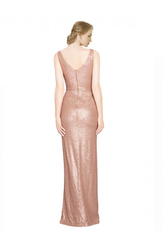 Affordable Draped V-Neck Striking Sheath Floor Length Formal Sequin Bridesmaid Dress / Prom Dress