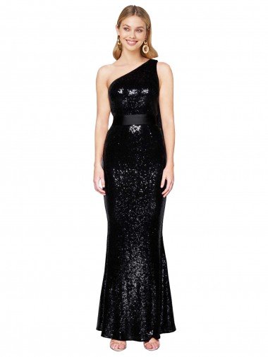 Affordable Draped One Shoulder Long Full Length Formal Sequin Bridesmaid Dress / Prom Dress