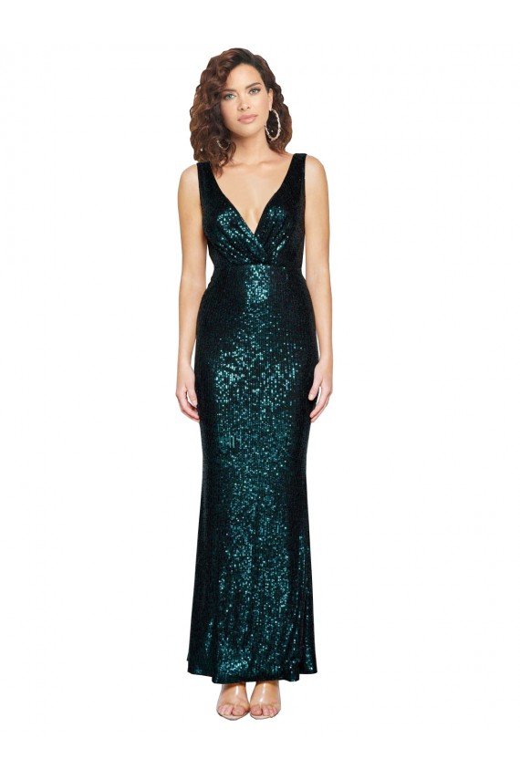 Affordable V-Neck Full Length Formal Sequin Bridesmaid Dress / Prom Dress with Draped Back
