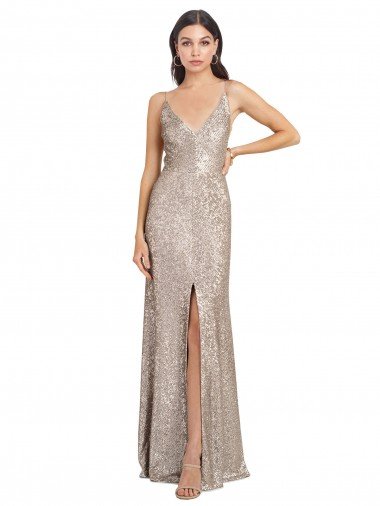 Affordable V-Neck Fully Sequin Formal Bridesmaid Dress / Prom Dress with V-Back and Front Slit