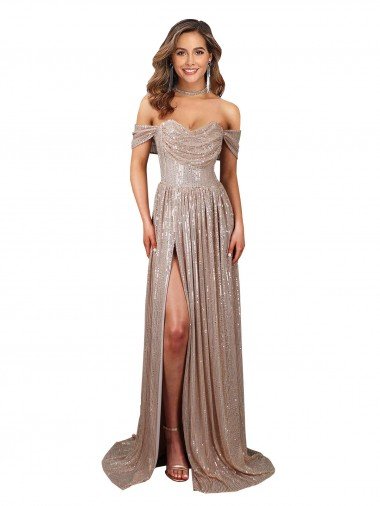 Affordable Strapless Scoop Neck Off the Shoulder Long Formal Sequin Bridesmaid Dress / Prom Dress with High Slit