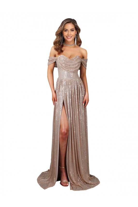 Affordable Strapless Scoop Neck Off the Shoulder Long Formal Sequin Bridesmaid Dress / Prom Dress with High Slit