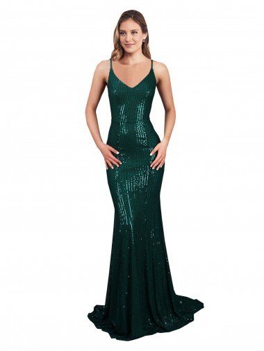 Affordable Fishtail Shaped V-Neck Open Back Long Formal Sequin Bridesmaid Dress / Prom Dress