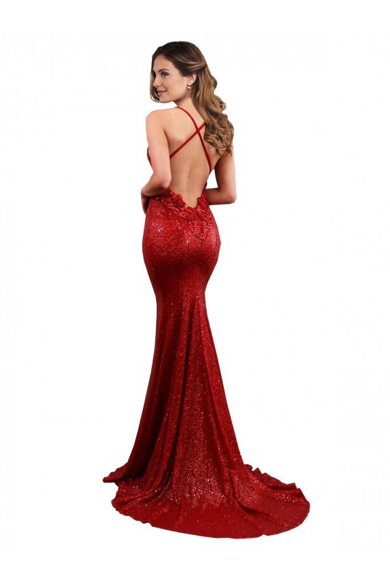 Affordable Low Back Mermaid V-Neck Long Formal Sequin Bridesmaid Dress / Prom Dress