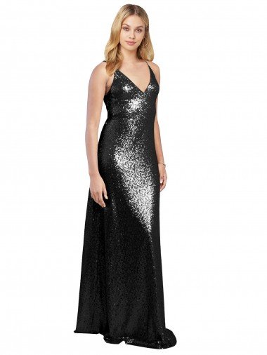Affordable Full Length A-Line Formal Sequin Bridesmaid Dress / Prom Dress with Spaghetti Straps V-Neckline