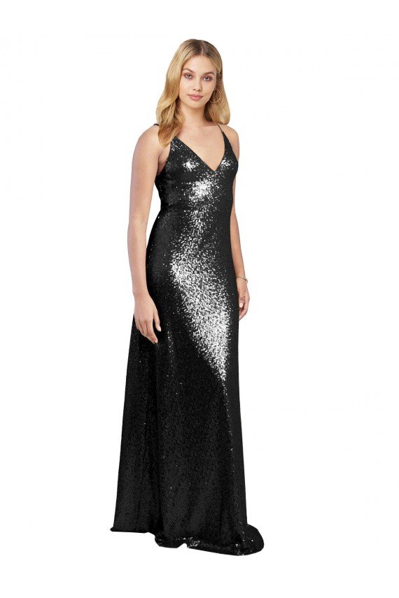 Affordable Full Length A-Line Formal Sequin Bridesmaid Dress / Prom Dress with Spaghetti Straps V-Neckline