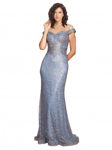 Affordable Off the Shoulder Sweetheart Neckline Formal Sequin Bridesmaid Dress / Prom Dress with Thigh High Slit