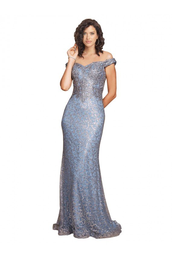 Affordable Off the Shoulder Sweetheart Neckline Formal Sequin Bridesmaid Dress / Prom Dress with Thigh High Slit