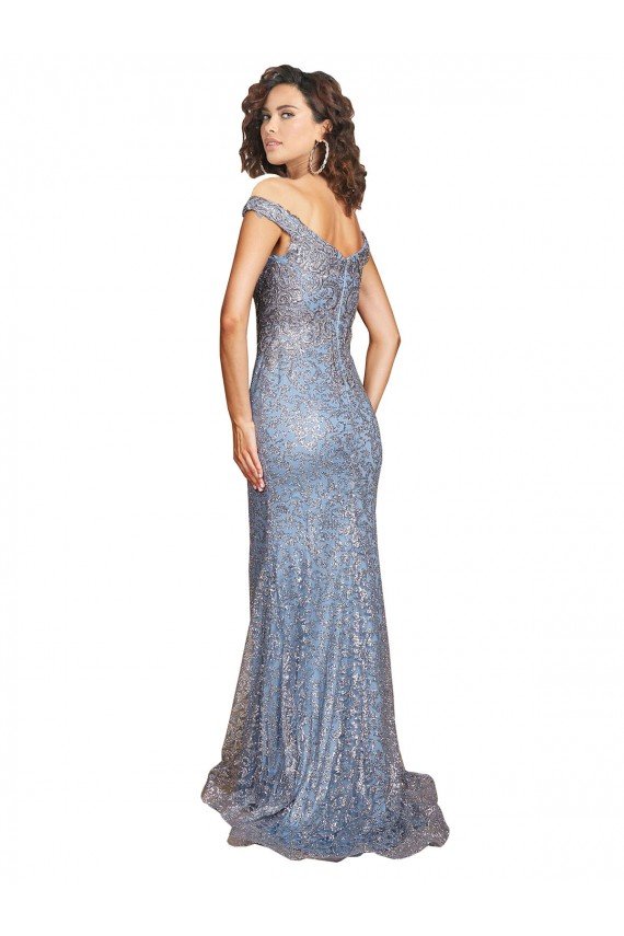 Affordable Off the Shoulder Sweetheart Neckline Formal Sequin Bridesmaid Dress / Prom Dress with Thigh High Slit