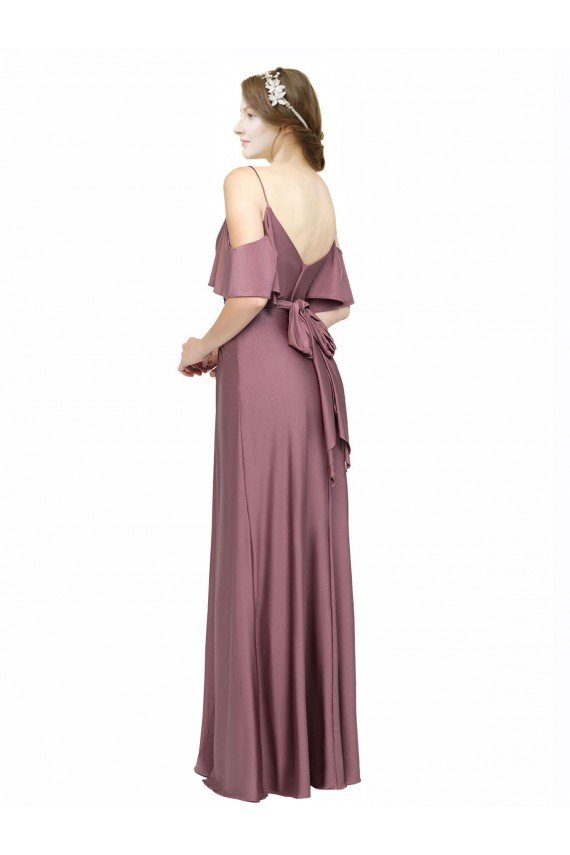 Affordable Draped Cold Shoulder Sleeves Long Formal Silky Satin Bridesmaid Dress / Prom Dress with Slit and Tie Back