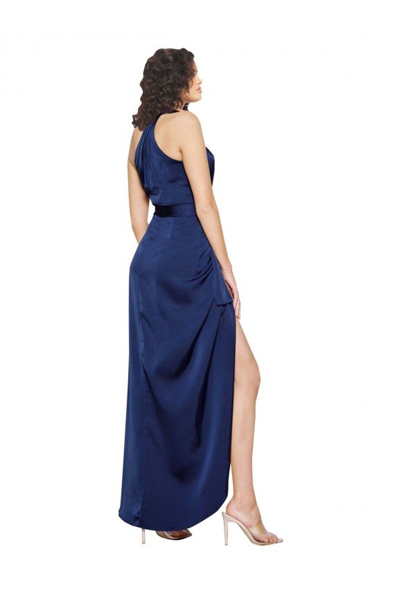 Affordable Full Length High Neck Wrap Formal Silky Satin Bridesmaid Dress / Prom Dress with Waist Tie