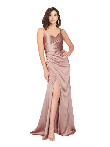 Affordable Floor Length Formal Silky Satin Bridesmaid Dress / Prom Dress with Front Skirt Slit