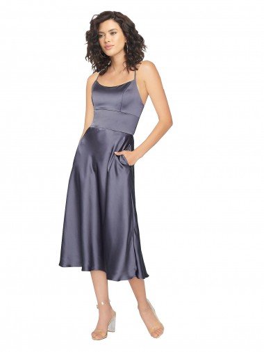 Affordable Midi Cocktail Length Silky Satin Bridesmaid Dress / Prom Dress with Open Tied Back & Pockets