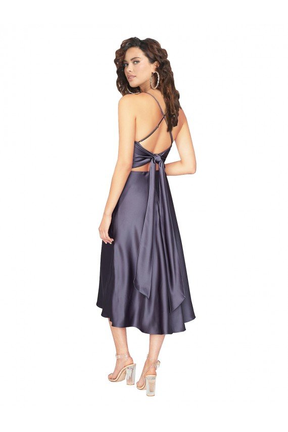 Affordable Midi Cocktail Length Silky Satin Bridesmaid Dress / Prom Dress with Open Tied Back & Pockets