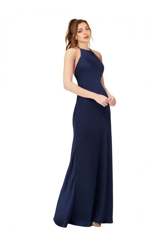 Affordable High Neck Satin Bridesmaid Dress / Prom Dress with Strappy Back