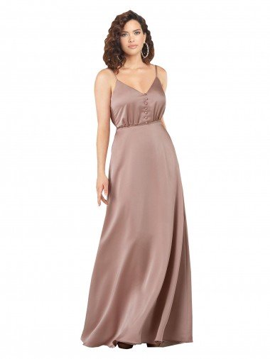 Affordable Subtle V-Neckline Formal Silky Satin Bridesmaid Dress with Front Button Detail