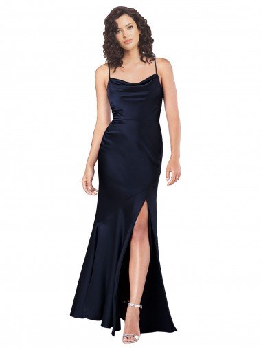 Affordable Draped Cowl Neck Formal Silky Satin Bridesmaid Dress / Prom Dress with Skirt Slit