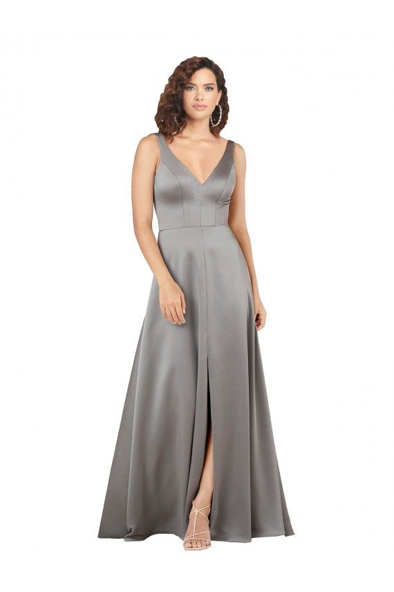 Affordable Plunging V-Neckline Long A-Line Formal Silky Satin Bridesmaid Dress / Prom Dress