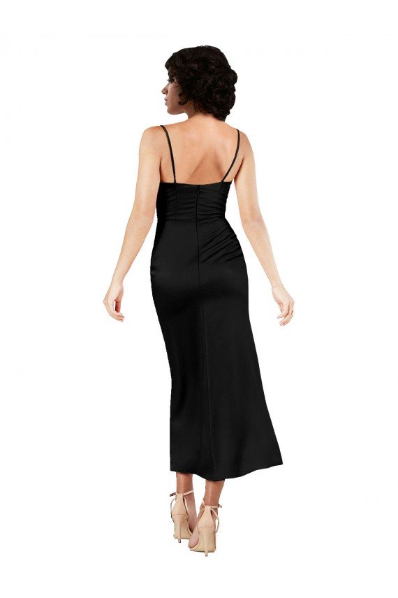 Affordable Cowl Neck Formal Tea-Length Short Silky Satin Bridesmaid Dress / Cocktail Prom Dress with Skirt Slit