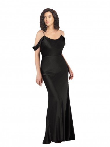 Affordable Off the Shoulder Sleeves Formal Silky Satin Bridesmaid Dress / Prom Dress with Skirt Slit
